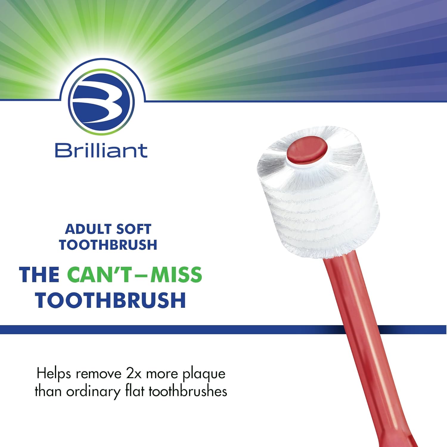 Brilliant Oral Care Adult Toothbrush with Soft Bristles, Round Head, and All-Around Clean for Teeth and Gums, Red, 3 Pack