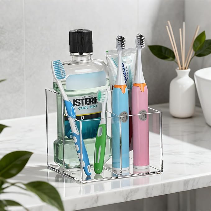 Toothbrush Holder, Clear Acrylic Toothbrush Holders for Bathrooms, Large Capacity Electric Toothbrush and Toothpaste Holder for Bathroom Countertop