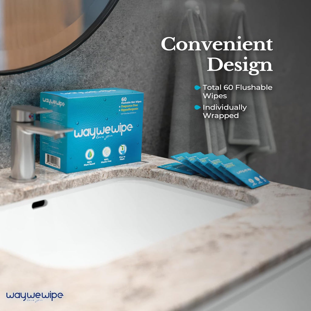 On-The-Go Flushable Wet Wipes, 60 Count XL Individually Wrapped Adult Wipes, Hypoallergenic 100% Plant Based Septic Safe, Travel Size Cleansing Cloth for Men & Women, Fragrance Free (60 Ct)