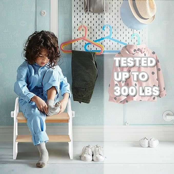 Wooden Step Stool, 300 lb. Load Capacity, with Safety Non-Slip Pads and Handles, Bamboo Step Stool for Bathroom and Kitchen, Gift for Christmas (White)