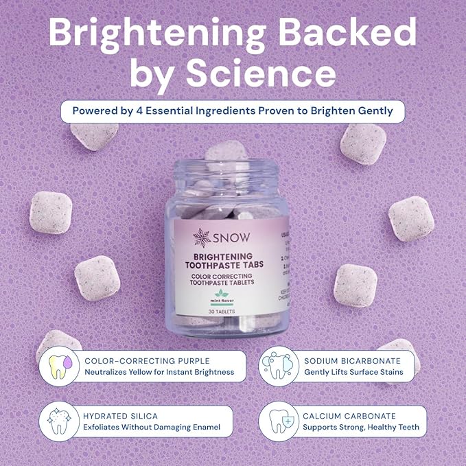 SNOW Purple Whitening Toothpaste Tablets - 30 Count, Purple Toothpaste for Whitening, Color Correcting Tablets for Oral Care, Instantly Brightens Teeth, Removes Yellow Stains & Freshens Breath