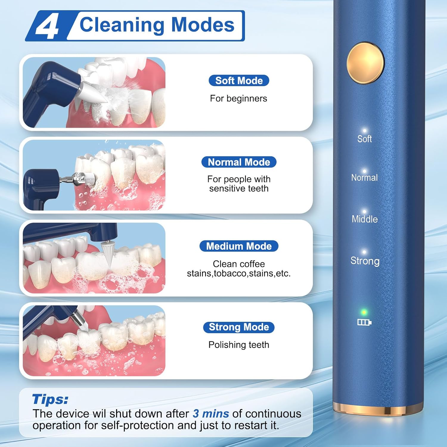 Tooth Polisher, Tooth Whitening Kit for Teeth Cleaning and Whitening, Rechargeable Teeth Polisher for People/Pets,Teeth Cleaning Kit with 5 Brush Heads,4 Speed Modes and LED Light, Waterproof(Blue)