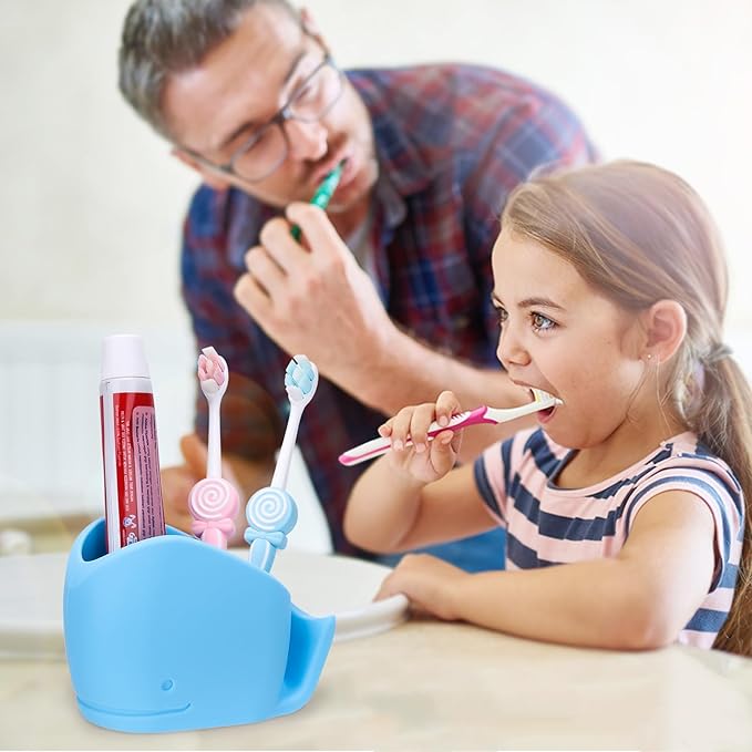 2Pcs Cute Kids Whale Toothbrush Holder, Toddler Fun Ocean Animal Toothbrush Organizer, Blue and White, Silicone Whale Bathroom Decor