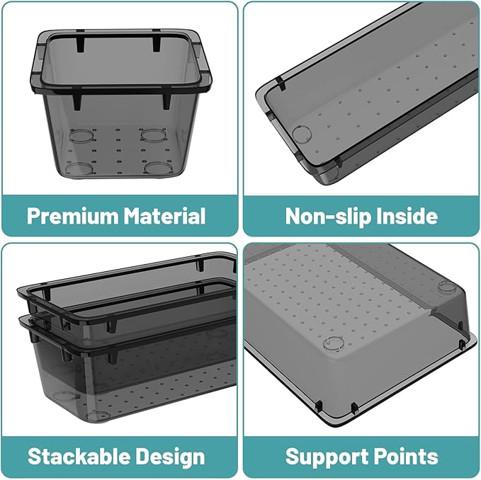 WOWBOX 32 PCS Clear Plastic Drawer Organizer Set, 4 Sizes Desk Drawer Organization and Storage Containers for Makeup, Cosmetics, Jewelry and Gadgets in Kitchen, Bathroom, Bedroom, Office, Clear Black