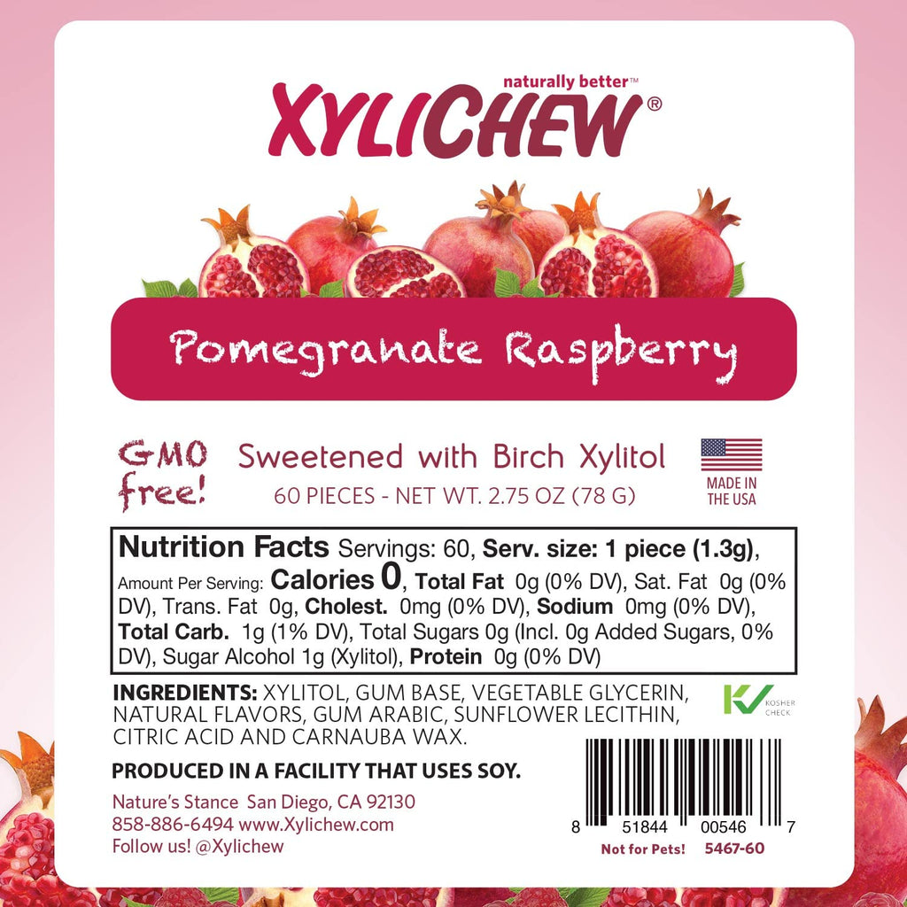 Xylichew 100% Xylitol Chewing Gum - Non GMO, Non Aspartame, Gluten Free, and Sugar Free Gum - Natural Oral Care, Relieves Bad Breath and Dry Mouth - Pomegranate Raspberry, 240 Count