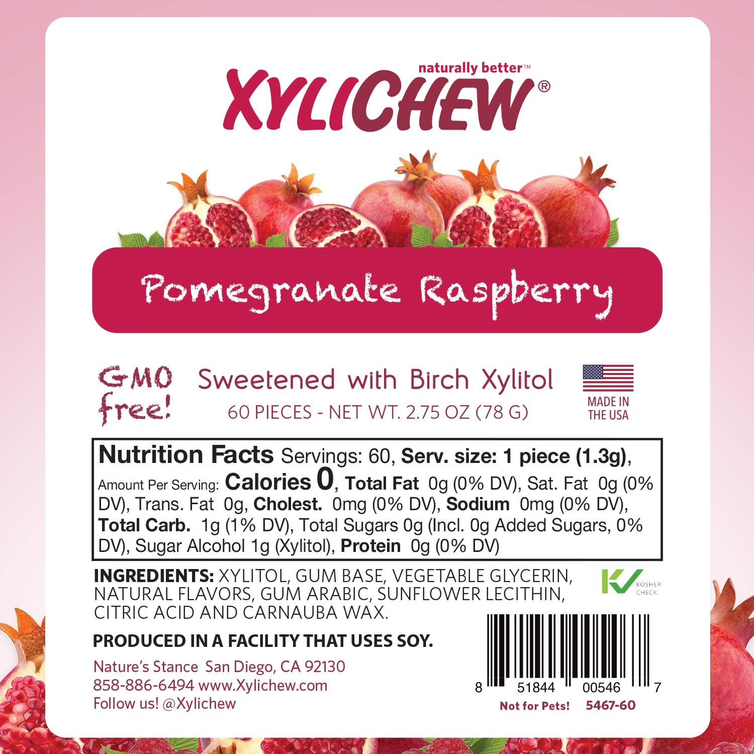 Xylichew 100% Xylitol Chewing Gum - Non GMO, Non Aspartame, Gluten Free, and Sugar Free Gum - Natural Oral Care, Relieves Bad Breath and Dry Mouth - Pomegranate Raspberry, 240 Count
