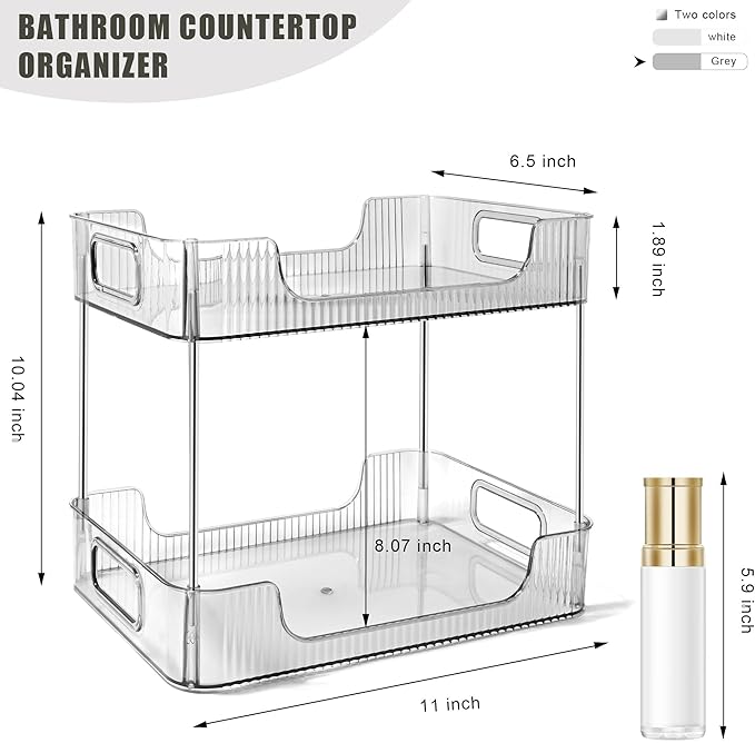 2-Tier Bathroom Counter Organizer Countertop Storage, Dresser Organizer Vanity Tray for Makeup, Perfume Organizer Cosmetics Skincare Shelf - Grey