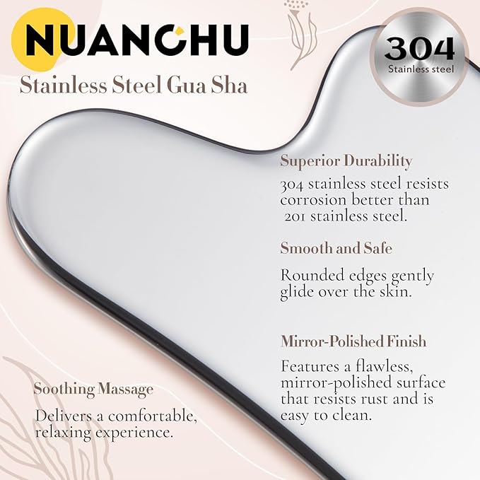 Nuanchu Stainless Steel Gua Sha Facial Tools Metal Guasha Tool for Face Body Jawline Shaper, Double Chin Reducer, Puffiness Reducing, Lymphatic Drainage Massager Skin Care Gift with Pouch(Silver)