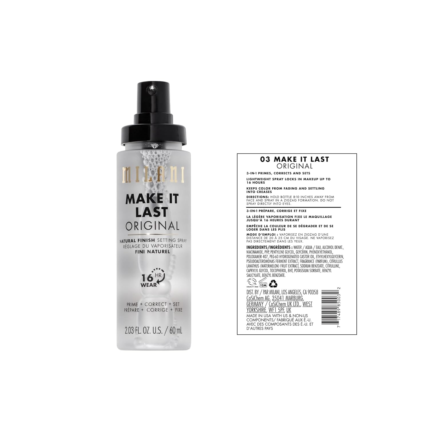 Milani Setting Spray + Primer, Make It Last Original - Natural Finish with Niacinamide for Hydration, Setting Spray for Makeup and Face Primer, 3-in-1 Prime + Hydrate + Set, 2.03 Fl. Oz