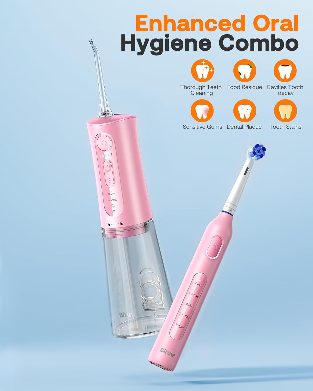 Bitvae Water Dental Flosser Teeth Picks, Cordless Water Flosser for Teeth, Braces, Dental Care and Rechargeable Rotary Electric Toothbrush Combo Set, 4 Tips, 4 Brush Heads, Waterproof, Pink, C5+R1