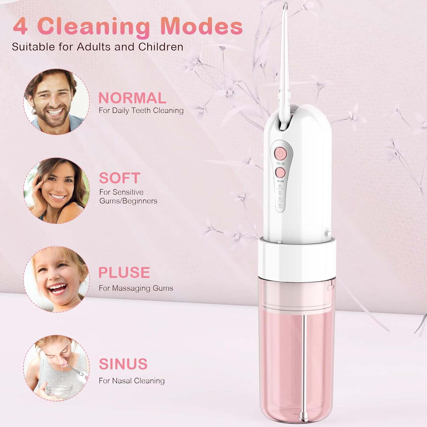 Water Dental Flosser for Teeth Cleaning and Flossing with Travel Size Case – Rechargeable Oral Irrigator, KOOVON Portable Water Flosser for Adults, IPX7 Waterproof, 5 Jet Tips & 4 Modes, Pink