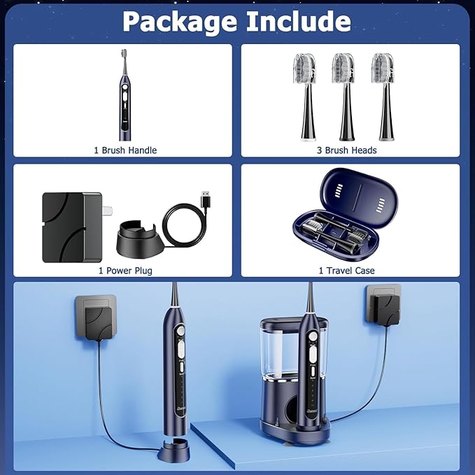 Electric Toothbrush with Water Flossers for Adults, Upgrade Flossing Toothbrush Combo, 5 Floss Speeds&3 Brush Modes, 500mL Tank, 30-Day Battery, for Adults & Teens, Gums, Braces, Dental Care,Blue