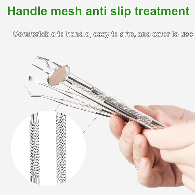 Teeth Cleaner Tool Kit Stainless Steel Plaque Tartar Remover Set of 6 with Metal Case, Tweezers, Oral Mirror, Teeth Cleaner, Probe, Stain Remover