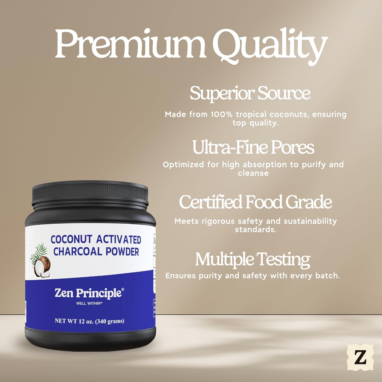 Zen Principle Coconut Activated Charcoal Powder. Whitens Teeth, Rejuvenates Skin and Hair, Supports Better Digestion. USA-Owned Producers, Free Scoop, 12 Oz