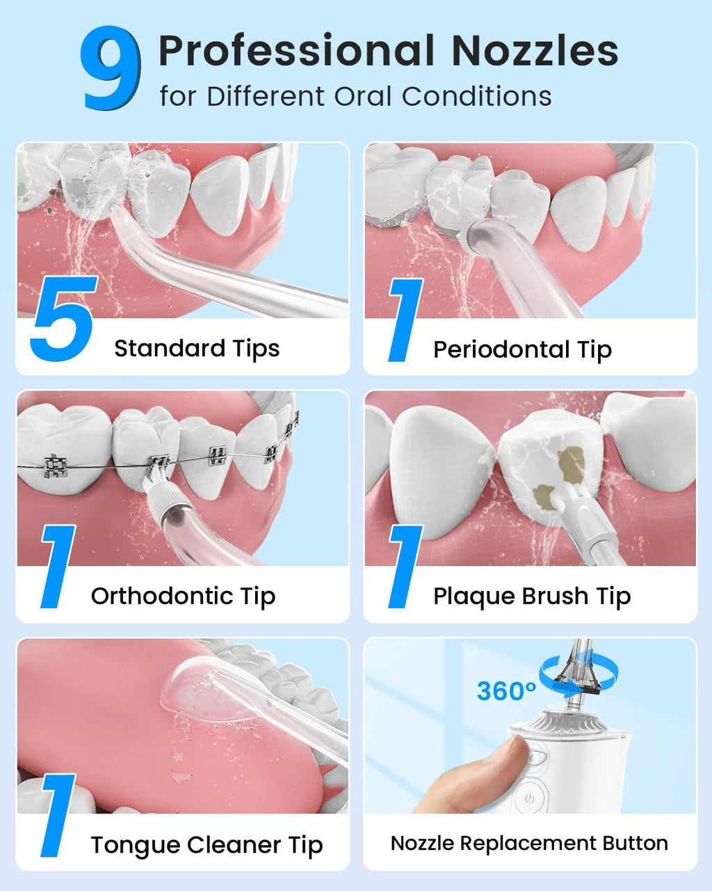 Water Flosser, Cordless Water Dental Flosser, 9 Jet Tips 5 Modes 300ML IPX7 Waterproof, Portable Rechargeable Oral Irrigator for Home Travel - Gums, Orthodontic, Braces Care - Black (White)