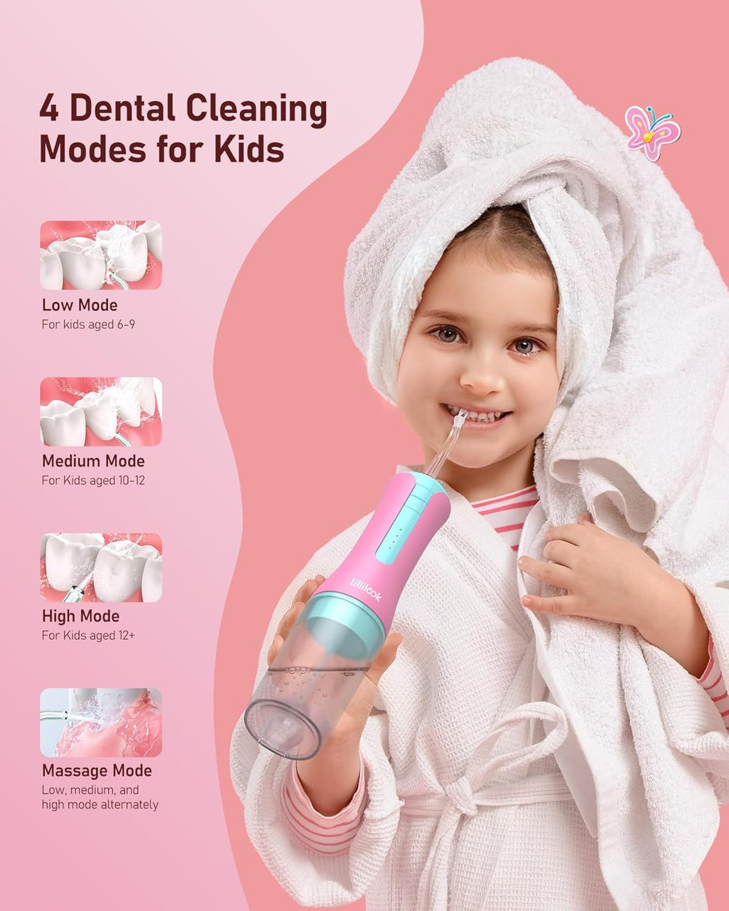 Kids Water Flosser Pink, Rechargeable Oral Irrigator for Kids Aged 6+, 4 Modes, 3 Jet Tips, Fun Stickers, Safe and Gentle Oral Care