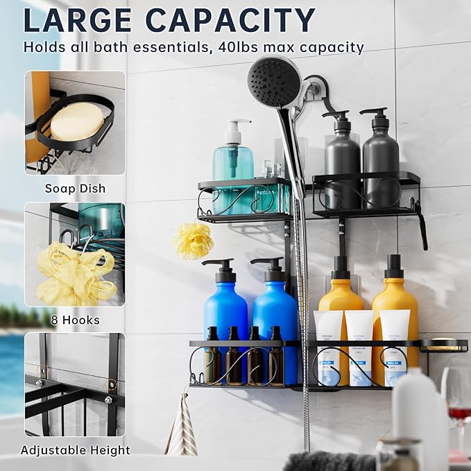 Kadolina Shower Caddy Hanging for Handheld Showerheads, Rustproof Stainless Steel Shower Organizer, Bathroom Organizer Rack with Soap Dish and Hooks for Razor/Sponge, Black