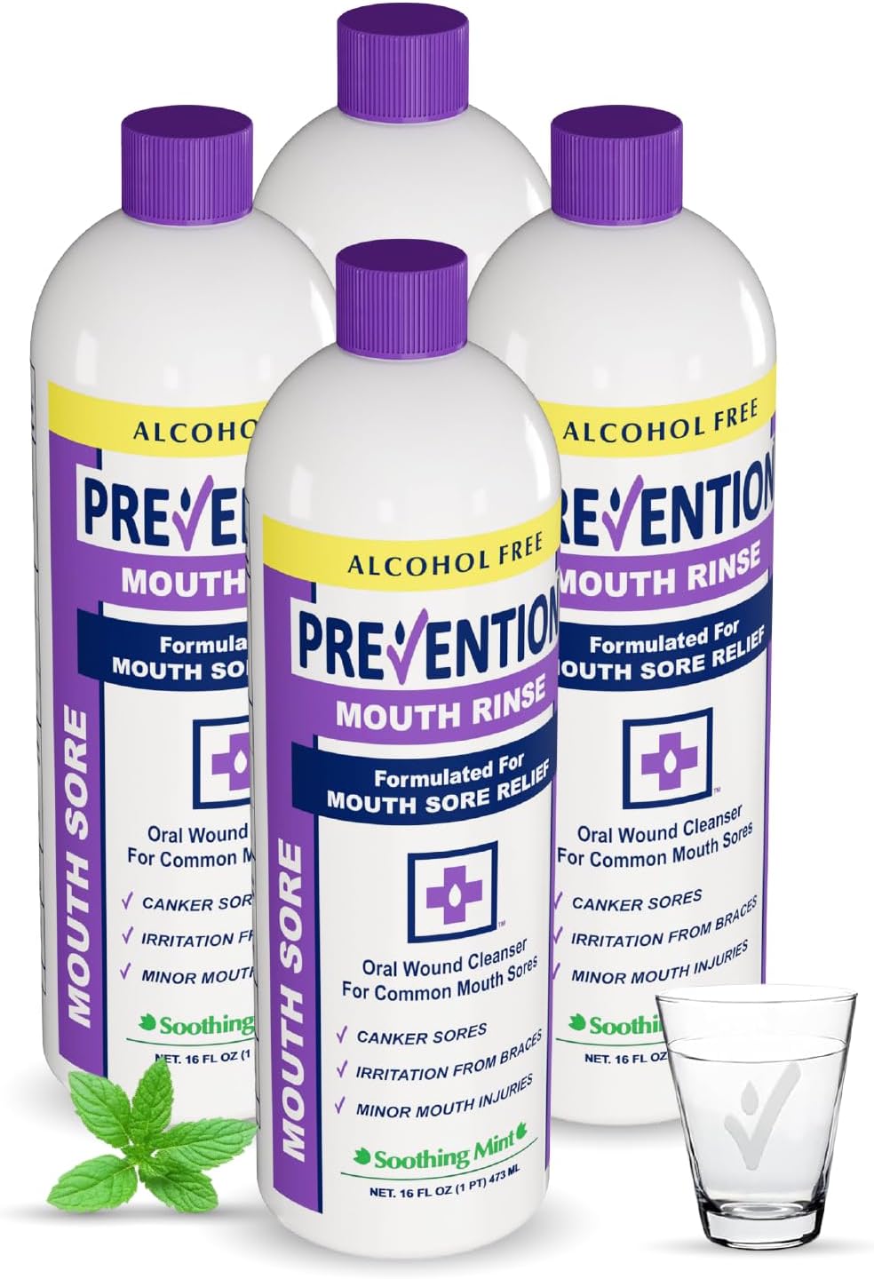 Prevention Mouth Sore Mouth Rinse, Canker Sore Treatment, Oral Pain Relief Mouthwash for Ulcers and Sores, Braces, with Hydrogen Peroxide, Alcohol-Free, Fluoride Free, 16 oz, Soothing Mint, 4 Pack