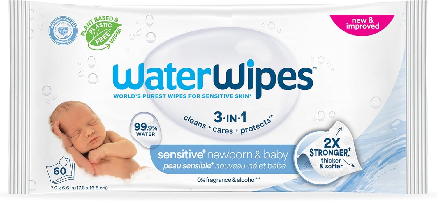 WaterWipes Sensitive+ Newborn & Baby Wipes, 3-In-1 Cleans, Cares, Protects, 99.9% Water, Unscented & Hypoallergenic, 60 Count