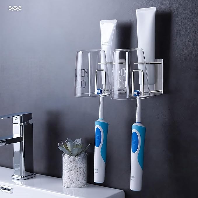 HANZE Toothbrush Holder 304 Stainless Steel Adhesive Wall Mounted 3 in 1 Toothbrush Holder Toothpaste Holder and Cup Holder for Bathroom Shower