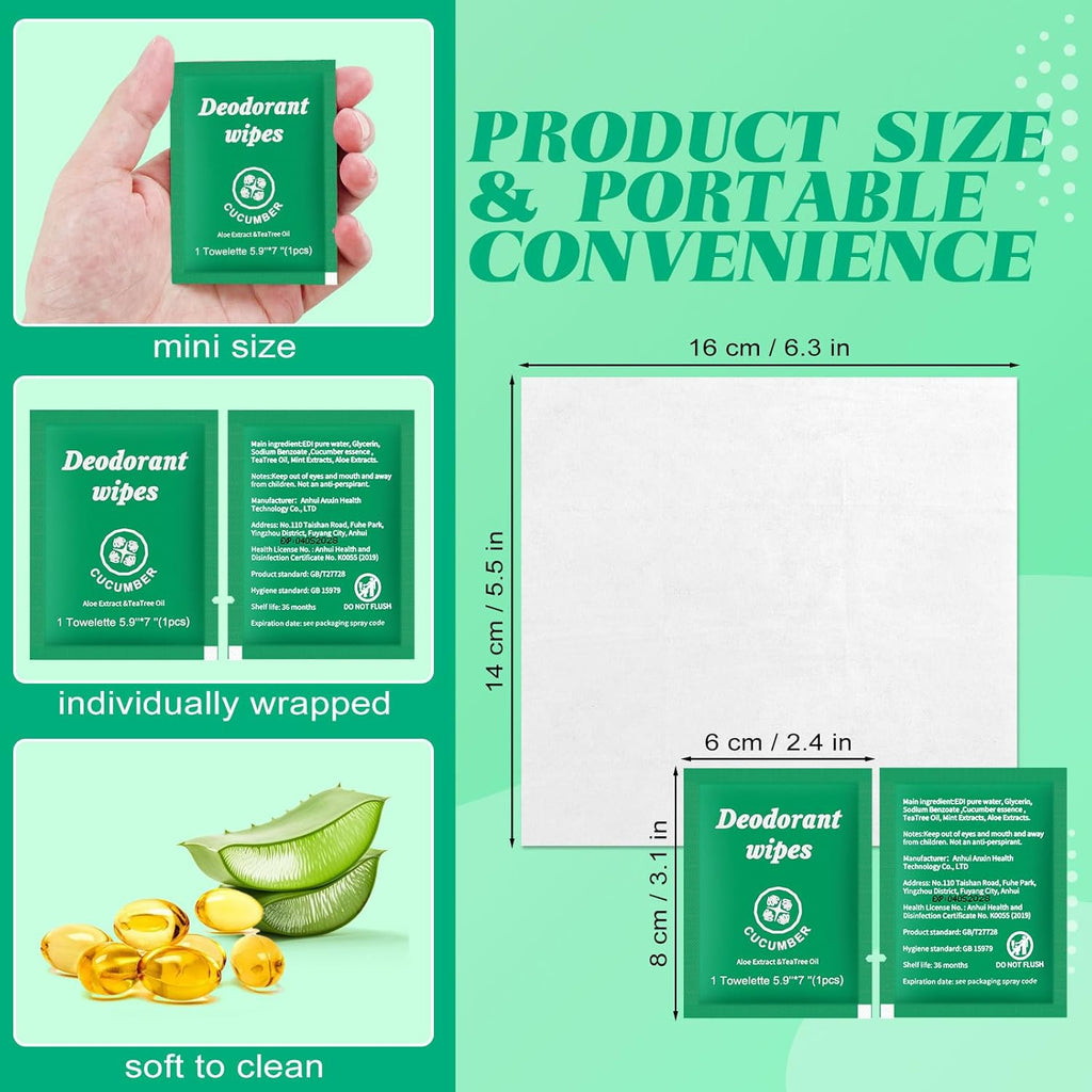Travel Deodorant Wipes Individually Wrapped,Body Wipes to Clean Skin for Women Men（Cucumber,pack of 50)