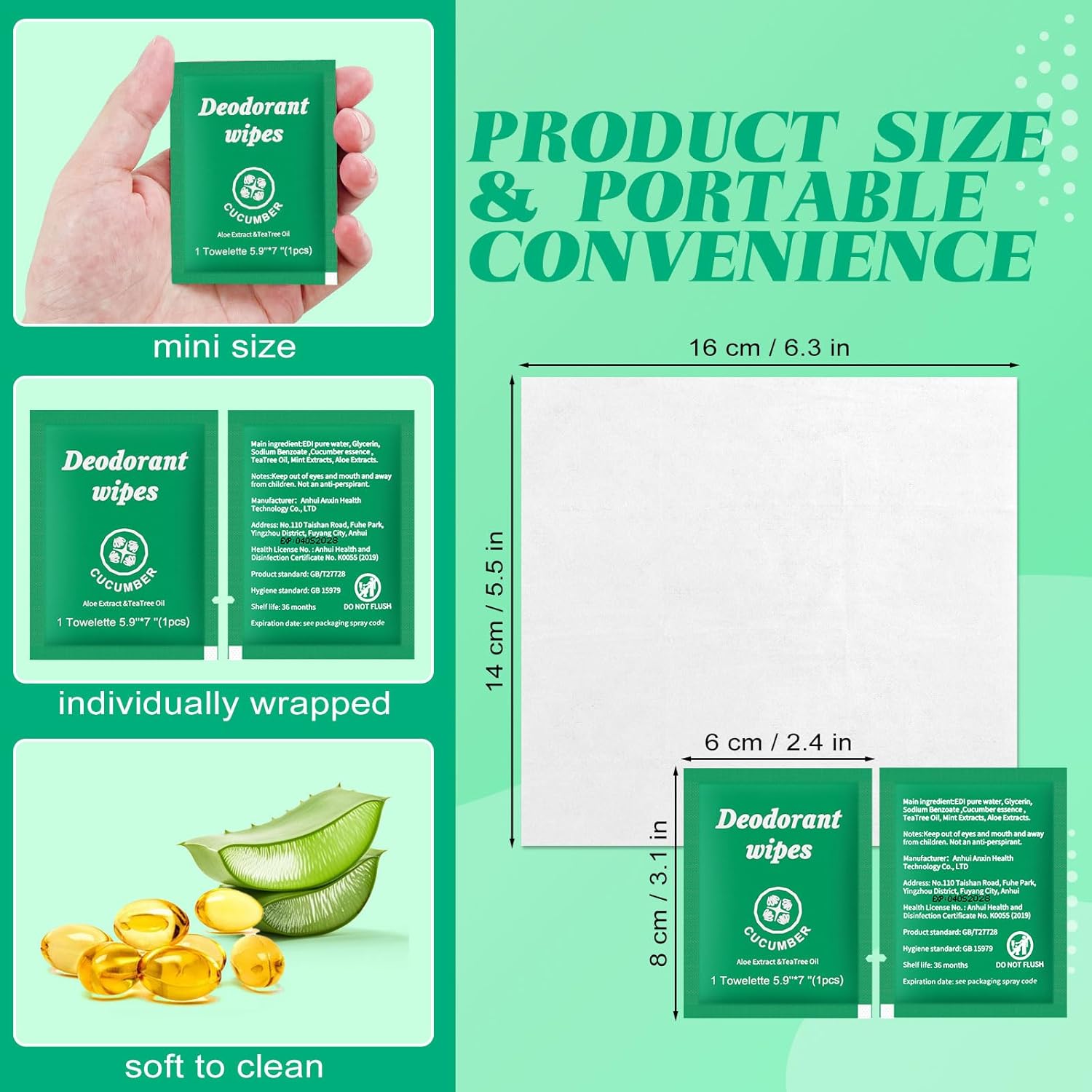 Travel Deodorant Wipes Individually Wrapped,Body Wipes to Clean Skin for Women Men（Cucumber,pack of 50)