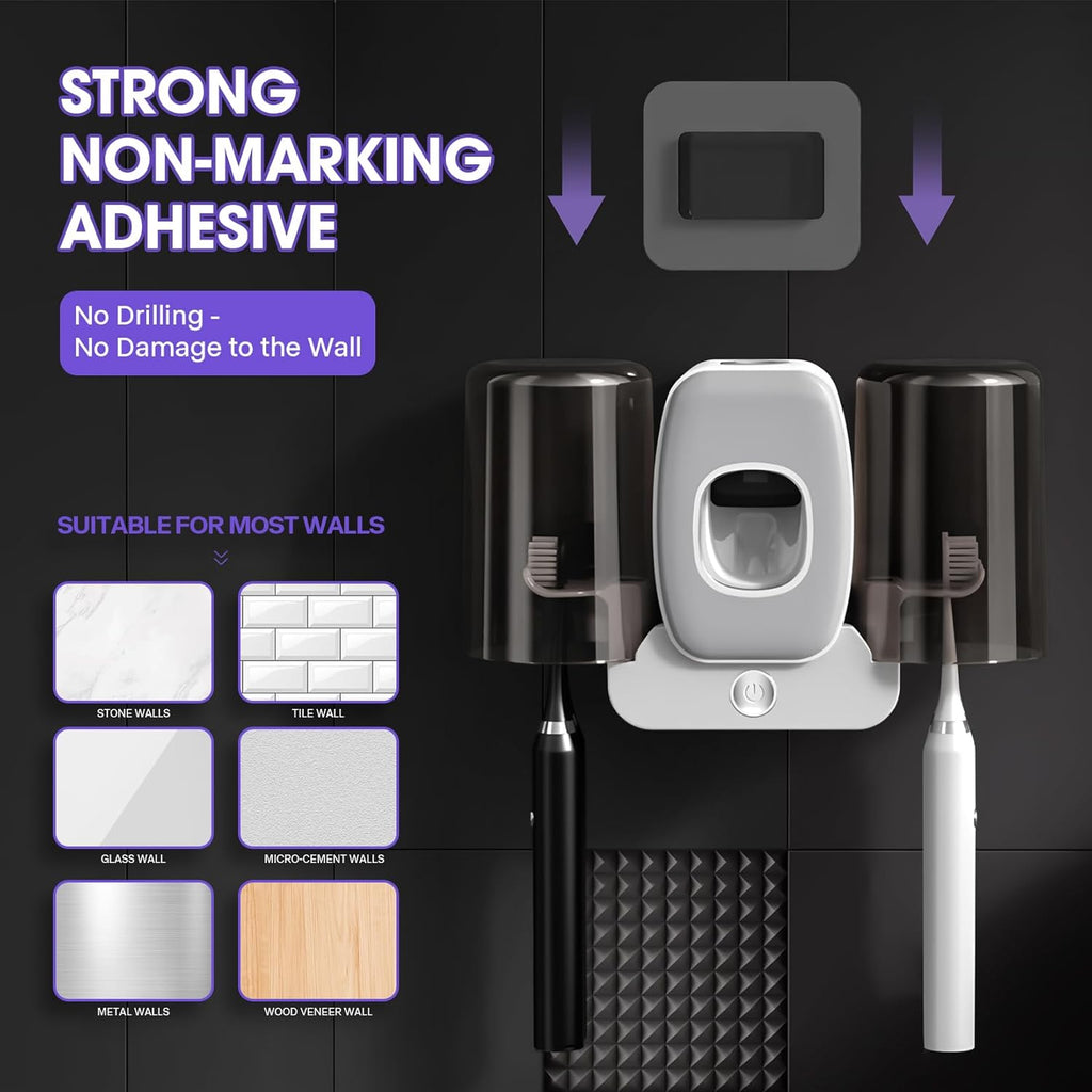 3 in 1 Toothbrush Cleaner Holders,Rechargeable Wall Mounted Toothbrush Holder Toothpaste Dispenser Automatic 2 Cups Tooth Brush Holder for Bathroom, No Drilling, 4 Slots (Grey)