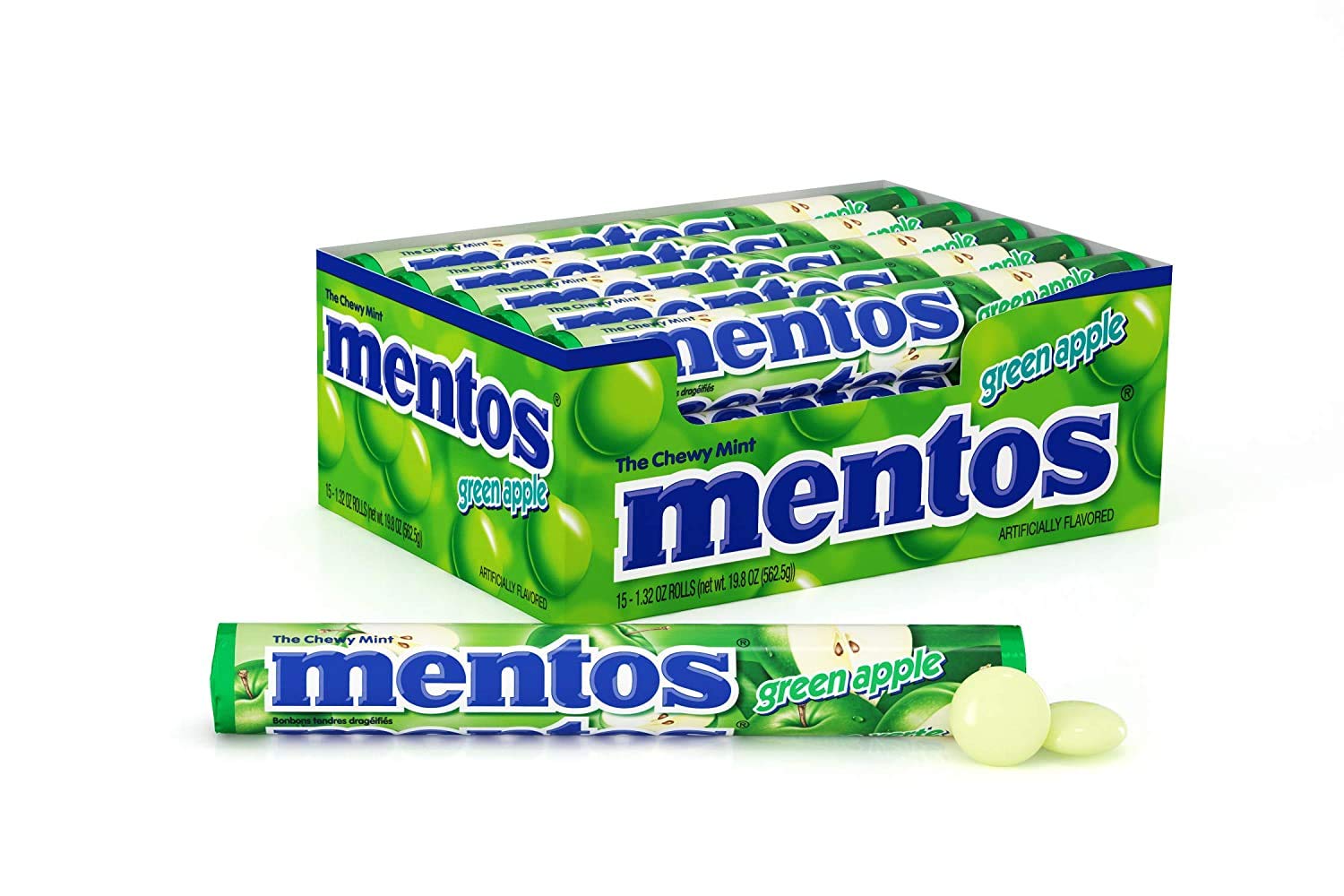 Mentos Chewy Mint Candy Roll, Green Apple, Bulk, Party, Non Melting, 1.32 ounce/14 Pieces (Pack of 15)