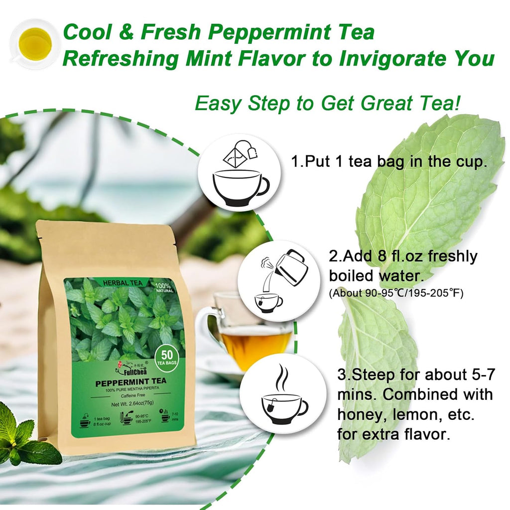 FullChea - Peppermint Tea Bags, 50 Teabags - Premium Peppermint Leaves - Refreshing & Minty - Non-GMO - Caffeine-free - Freshen Breath & Aid Digestion