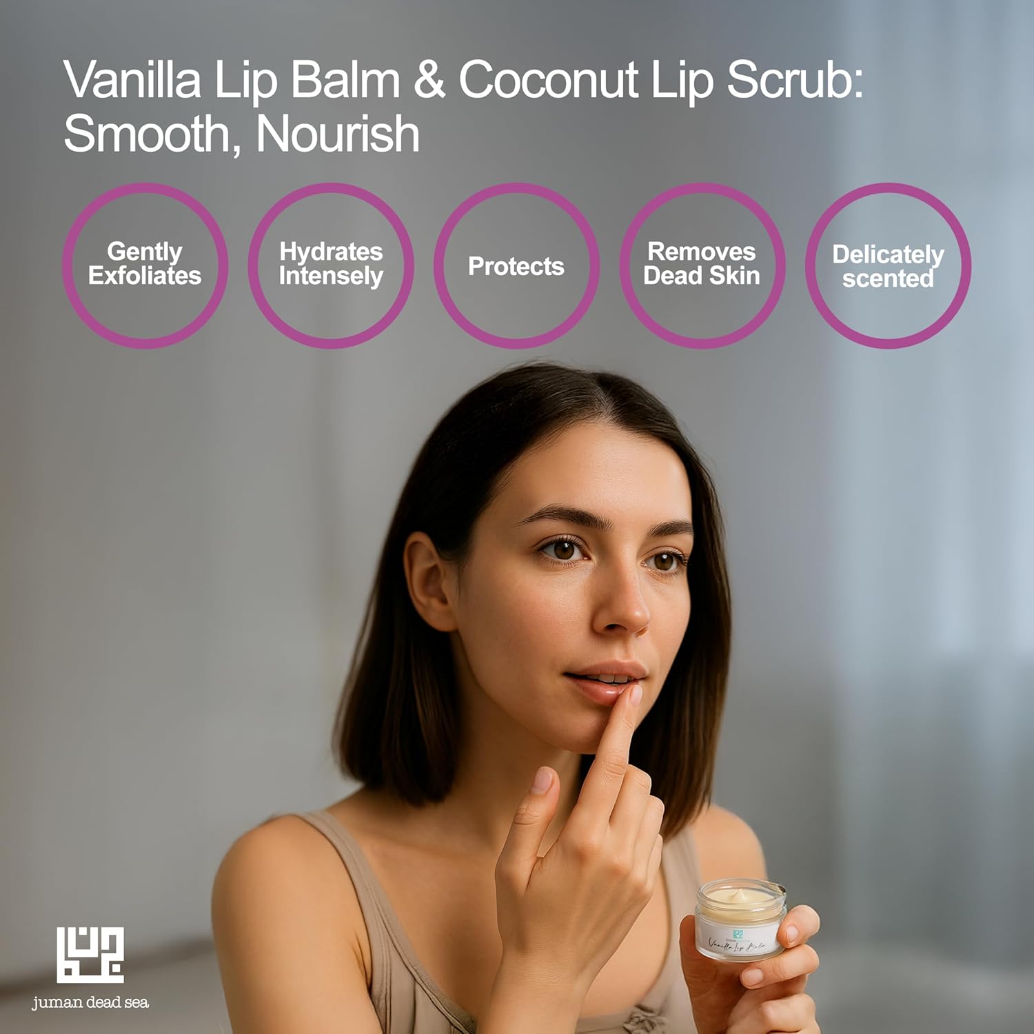Juman Dead Sea Minerals Lip Scrub & Balm Set | Lip Exfoliator Scrub & Moisturizing Lip Balm | Vanilla & Coconut | Hydrates & Protects | With Essential Oils | Vegan | SLS & Paraben-Free