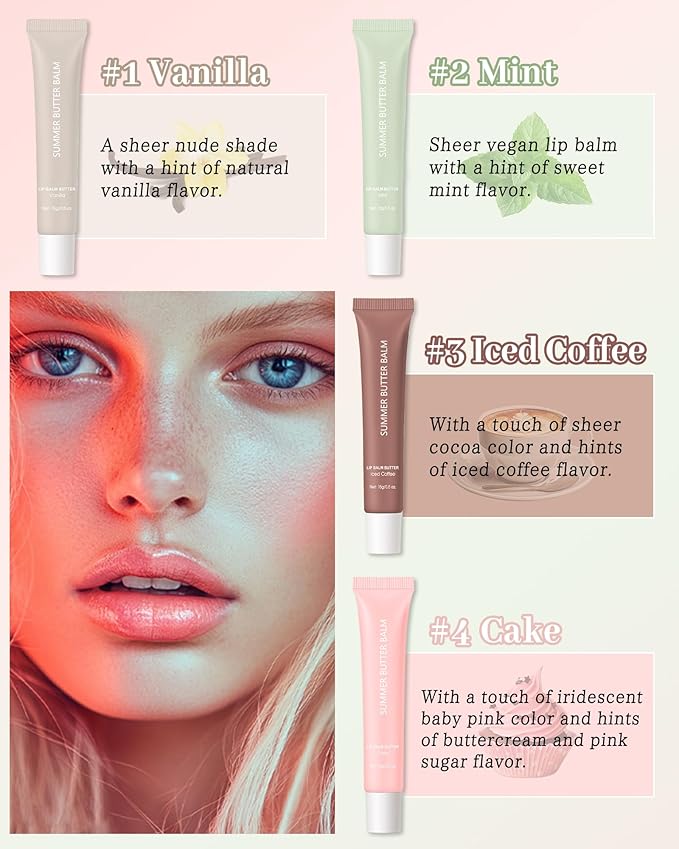 Hydrating Tint Lip Balm Summer Butter Kit, Mint Clear Sheer Beige Brown Pink Sugar Glossy Lip Gloss,Moisturizing Non-Sticky Jelly Lip Moisturizer,Glow Reviver Lip Care Oil,Gift for Women Girl-Set E