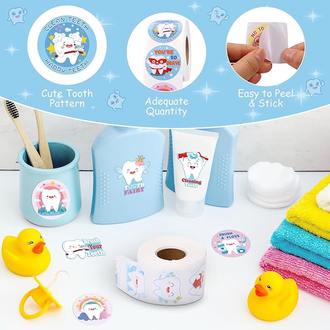 1000 PCS Tooth Shaped Roll Stickers,Tooth Shaped Dental Stickers Laptop,Water Bottle, Envelopes, Party Decorations Supplies Decor DIY Sticker Labels (style1)