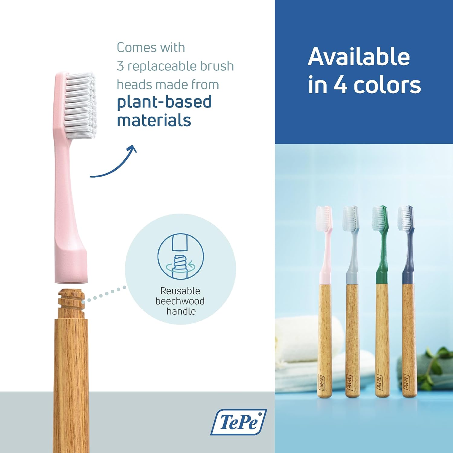 TePe Choice Toothbrush, Soft, Pink, 1pc Wooden Handle 3pcs Brush Heads, Soft Bristle Toothbrush, Good for Teeth Cleaning and Plaque Removal