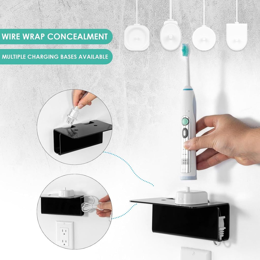 Acrylic Electric Toothbrush Holder for Bathroom,Wall Mounted with Hidden Cable Management, Secure and Non-Slip Design, Won't Fall Off for Reliable Stability -Black