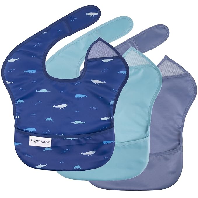 Tiny Twinkle Mess-Proof Baby Bibs for Eating | Waterproof, Wipeable Toddler Bibs with Catch-All Pocket | Feeding Bibs for Girls & Boys(3 Pack,Ocean Life Set)