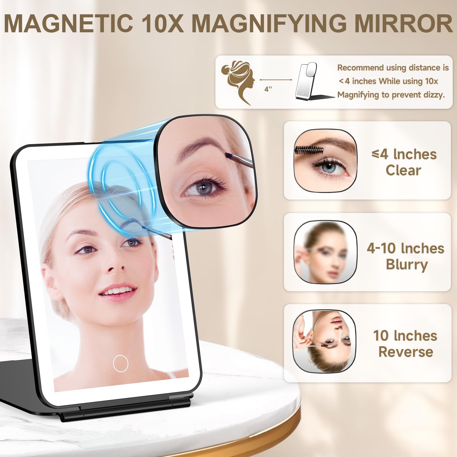 Mocado LED Foldable Travel Makeup Mirror - 5x7 inches 3 Colors Light Modes USB Rechargeable Touch Screen, Portable Tabletop Cosmetic Mirror for Travel, Cosmetic, Office (Black)