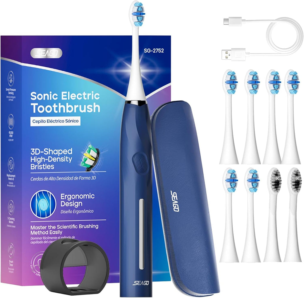 SEAGO Electric Toothbrush with 8 Soft Bristle Heads for Adults, Pressure Sensor, 5 Modes with 2 Minutes Build in Smart Timer, Rechargeable Travel Toothbrush with Brush Hold and Travel Case(2752Blue)