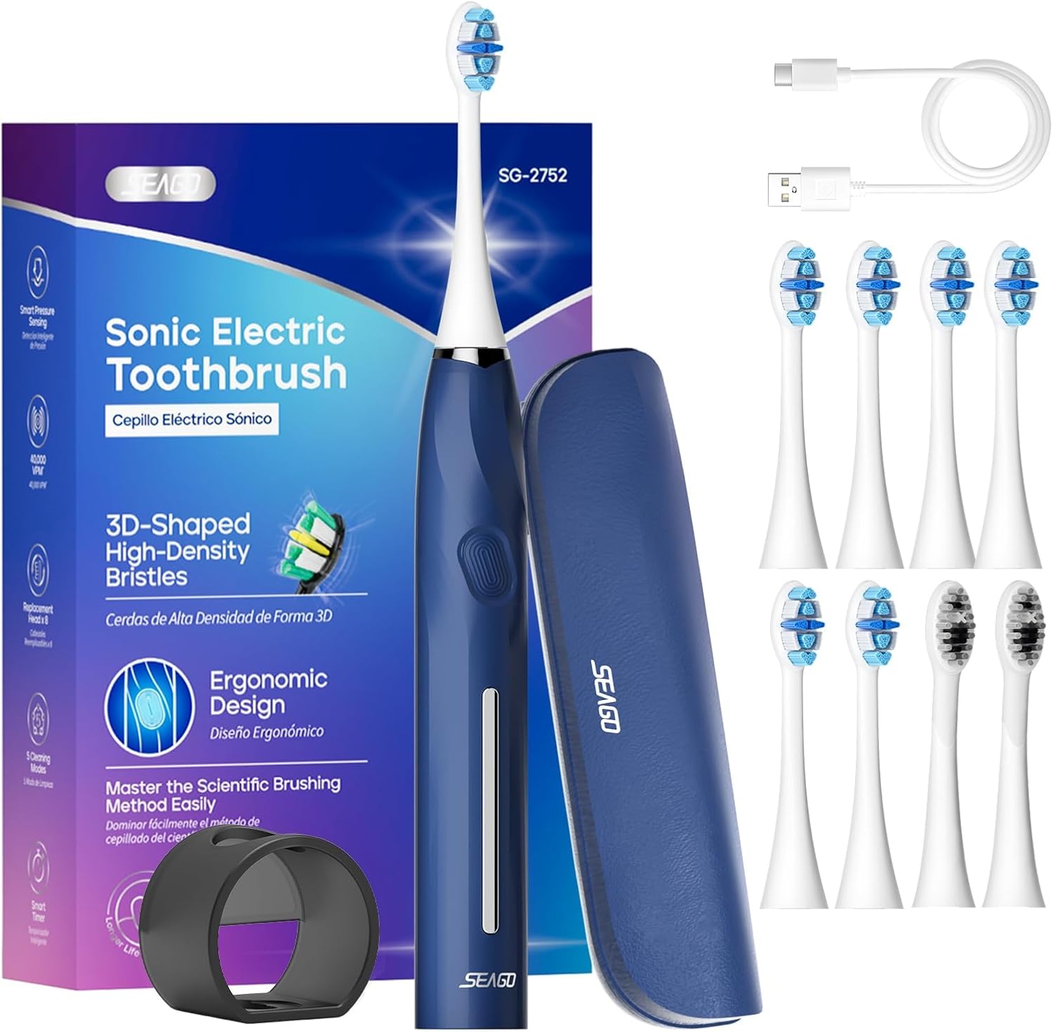 SEAGO Electric Toothbrush with 8 Soft Bristle Heads for Adults, Pressure Sensor, 5 Modes with 2 Minutes Build in Smart Timer, Rechargeable Travel Toothbrush with Brush Hold and Travel Case(2752Blue)