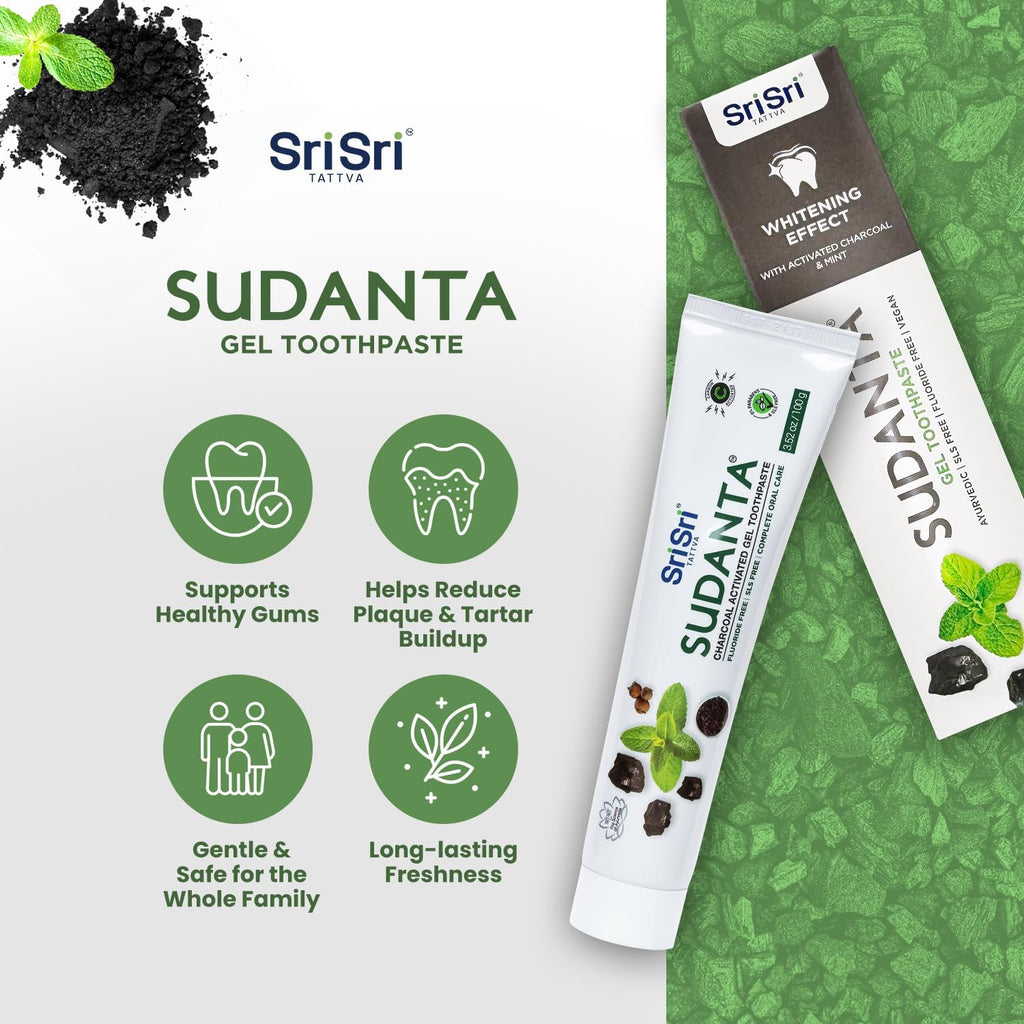 Sri Sri Tattva Sudanta Charcoal Toothpaste Gel – SLS, Fluoride Free Herbal Toothpaste with Neem & Ayurvedic Herbs – Natural Teeth Whitening, Fresh Breath, Oral & Gum Health – 100g Tube (Pack of 1)