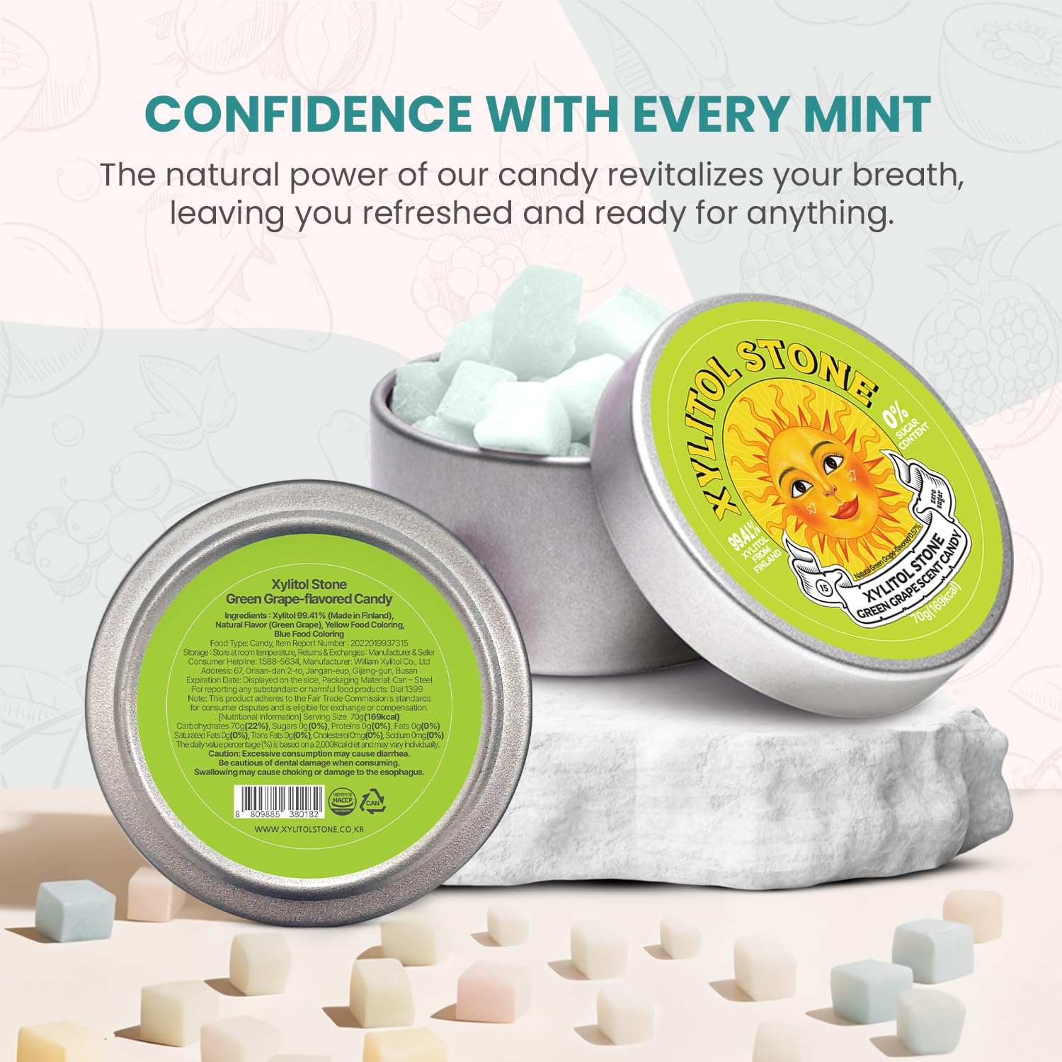 Xylitol Stone Sugar Free Candy - Vegan & Keto Friendly Unique Hard Candy Sugar-Free - 100% Natural Flavor Candies - Gluten Free & Non-GMO Breath Freshener Low Calorie Mints - Green Grape (Pack of 1)