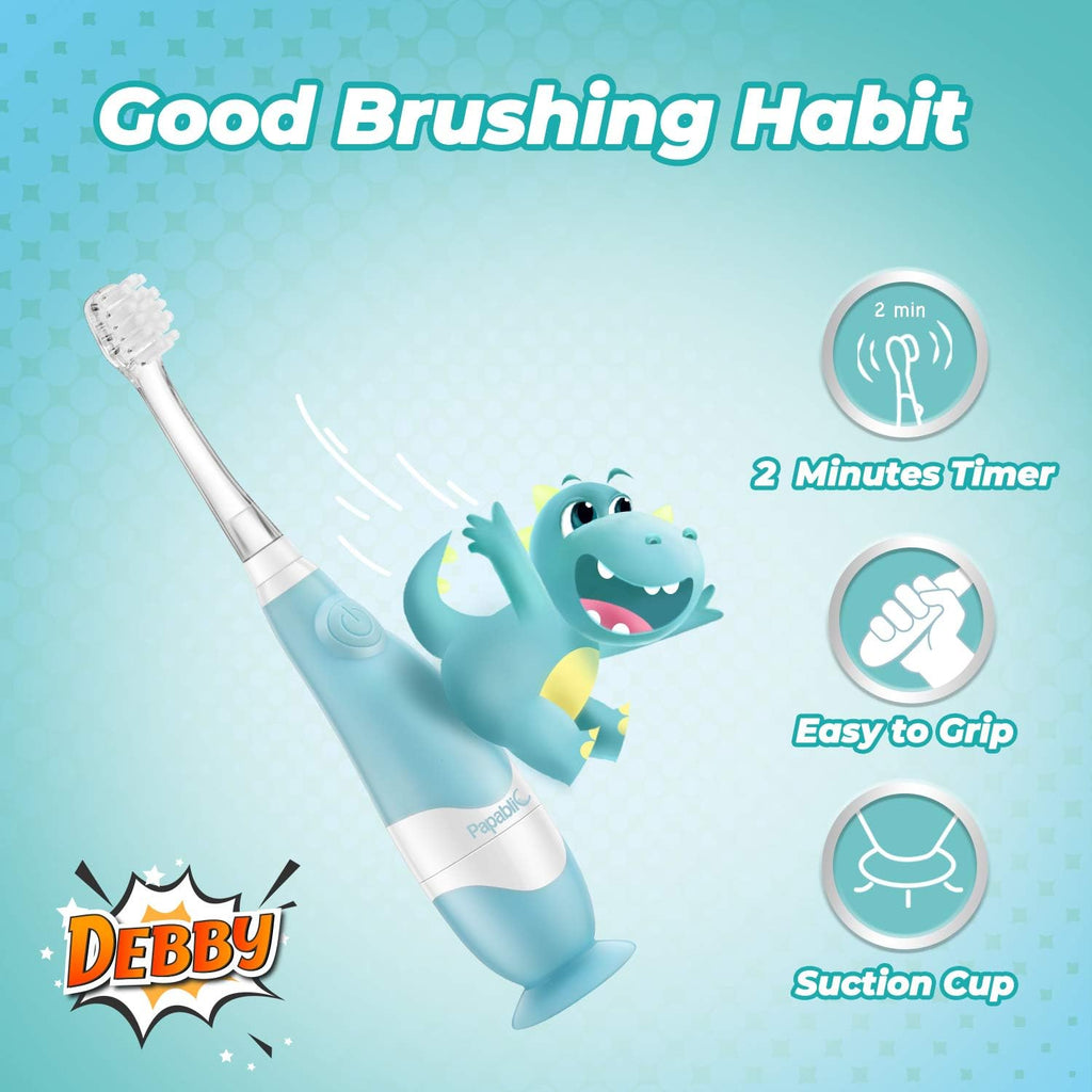 Papablic Toddler Sonic Electric Toothbrush Kids for Ages 1-3 Years, Baby Electric Toothbrush with Cute Dino Cover and Smart LED Timer, 4 Brush Heads (Debby)