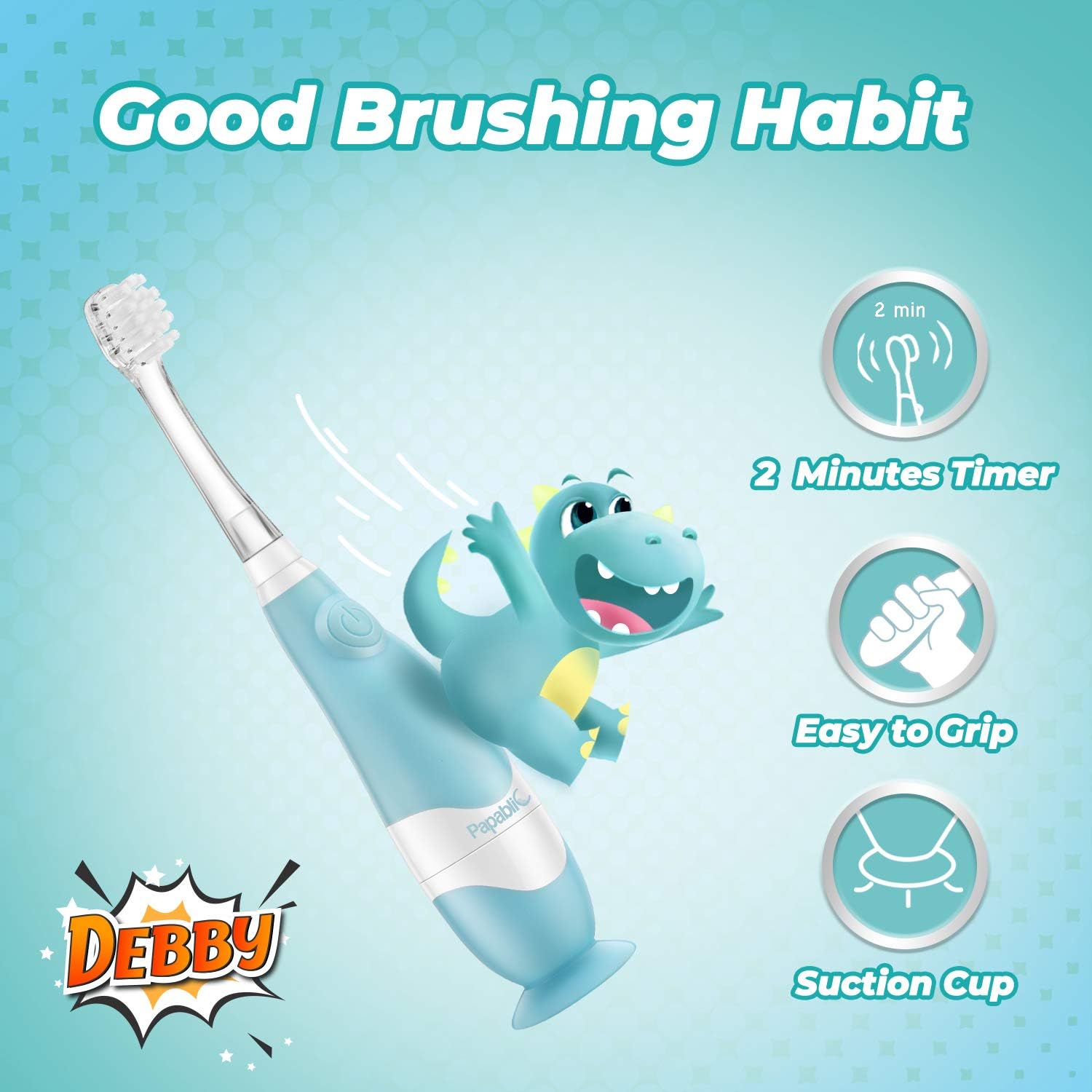 Papablic Toddler Sonic Electric Toothbrush Kids for Ages 1-3 Years, Baby Electric Toothbrush with Cute Dino Cover and Smart LED Timer, 4 Brush Heads (Debby)
