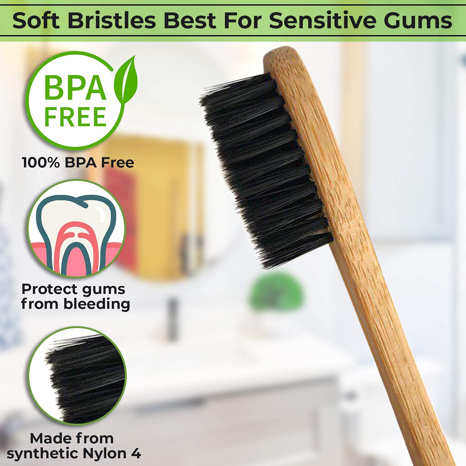 4 Count I Bamboo Toothbrush I Soft Bristles Best for Sensitive Gums I Charcoal I Vegan I Natural Wood I BPA Fee I Recyclable I Compostable I Biodegradable | Environmentally Friendly