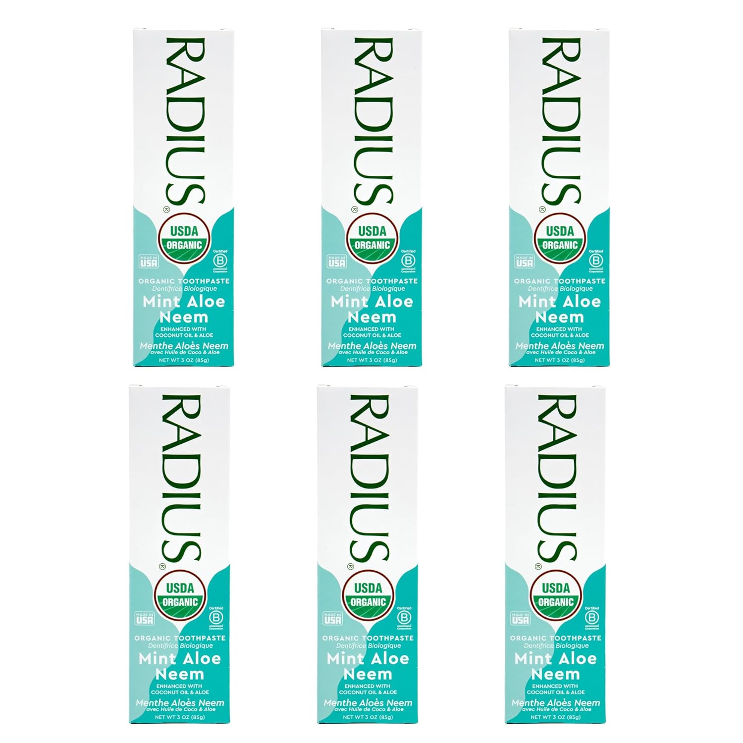 Radius Toothpaste, Mint Aloe Neem, 3 oz, USDA Organic Non-Toxic Chemical-Free Gluten-Free, Designed to Improve Gum Health & Prevent Cavities, Pack of 6