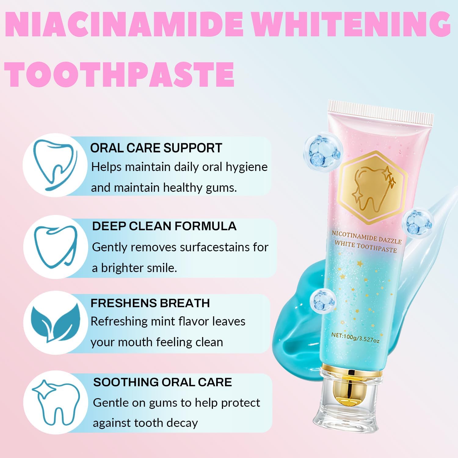 2PCS Niacinamide Whitening Toothpaste, Intensive Stain Removal & Teeth Brightening for Fresh Breath, Deep Cleaning, Enamel Safe & Gum Care (2 Pack)