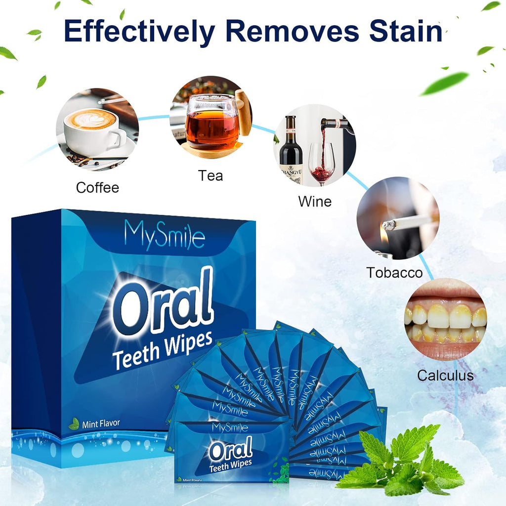 MySmile 100pcs Teeth Wipes Disposal Finger Brush Deep Cleaning Teeth Wipes Oral Brush Up Tooth Wipes for Teeth Cleaning, Mint Flavor