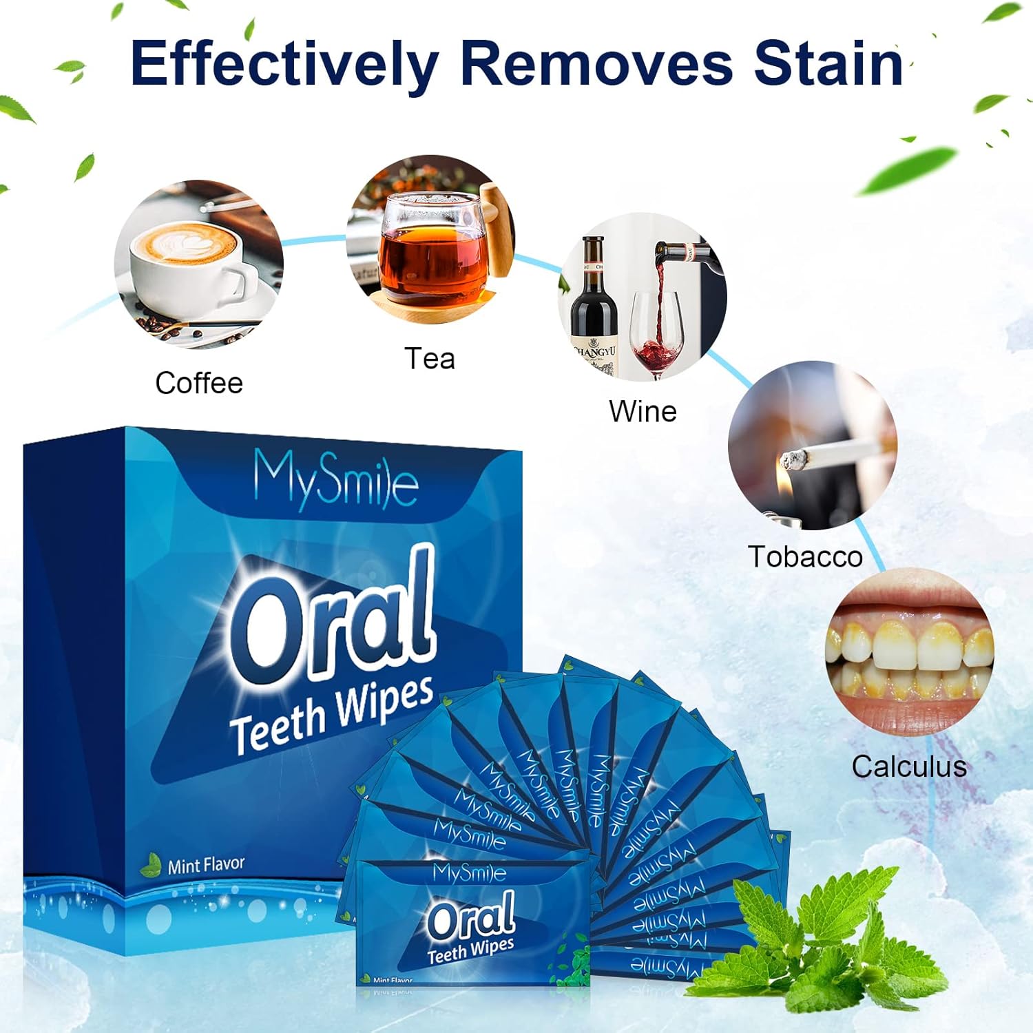 MySmile 100pcs Teeth Wipes Disposal Finger Brush Deep Cleaning Teeth Wipes Oral Brush Up Tooth Wipes for Teeth Cleaning, Mint Flavor