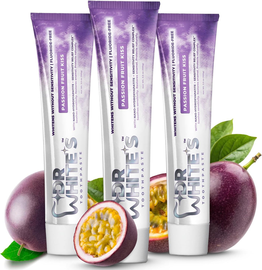 Dr. White’s Fluoride-Free nHA Toothpaste 3-Pack; Dentist-Formulated, Nano Hydroxyapatite + Xylitol, Sensitivity Relief Complex™, Mint-Free, Enamel Safe, Swallow-Safe (3.5 Oz, Passion Fruit Kiss)