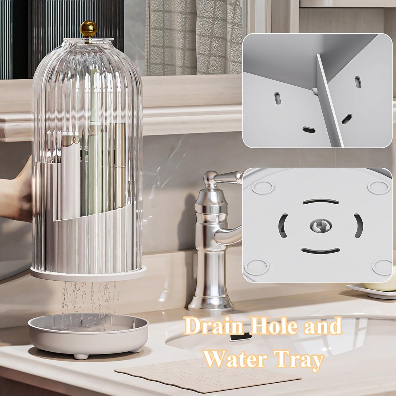 Toothbrush Holders with Cover, Drainage Rotating Electric Toothbrush Organizer, 3 Slots Tooth Brush Holder for Bathroom Counter, Transparent