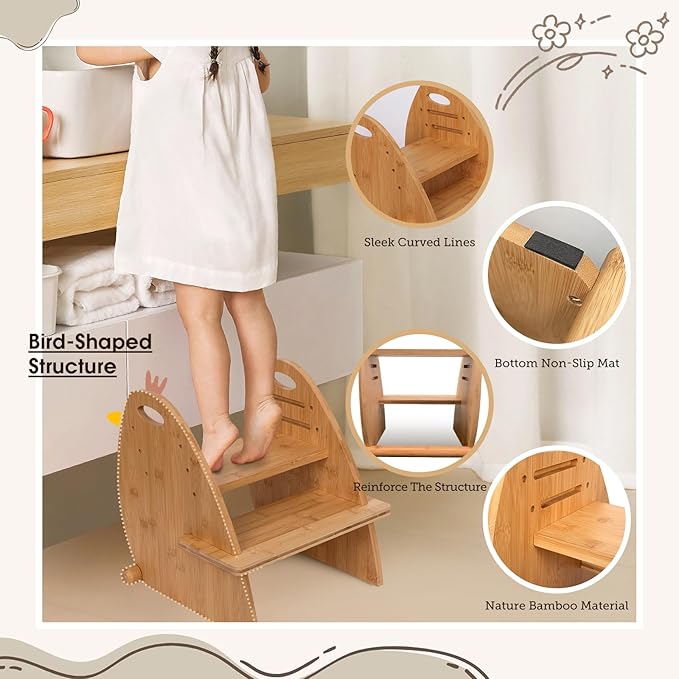 Wooden 2 Step Stool for Kids,Toddler Adjustable Triple Height Step Stool,Bamboo Bird-Shaped Design,300lbs Capacity,Ideal for Bathroom,Kitchen,Bedroom